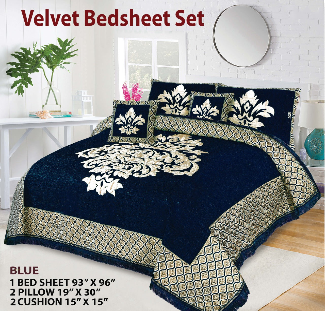 5 Piece Crown Style Velvet Jacquard Bedsheet Set