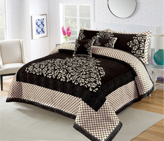 5 Piece Crown Style Velvet Jacquard Bedsheet Set