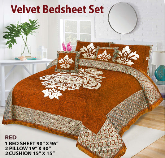 5 Piece Crown Style Velvet Jacquard Bedsheet Set