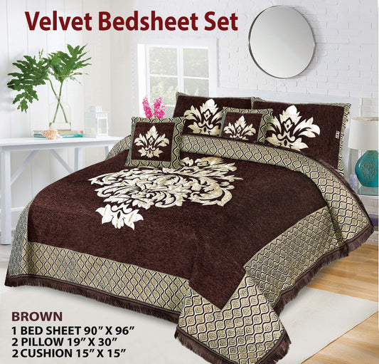 5 Piece Crown Style Velvet Jacquard Bedsheet Set