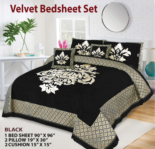 5 Piece Crown Style Velvet Jacquard Bedsheet Set